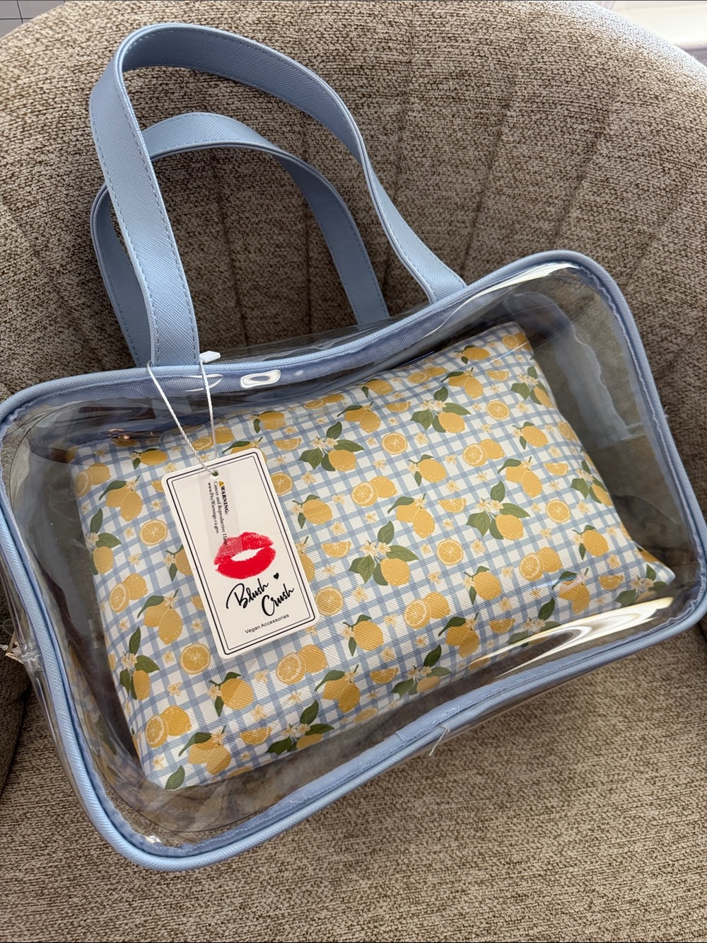 Clear Tote Bag with Light Blue Trim and Lemon Print Pouch